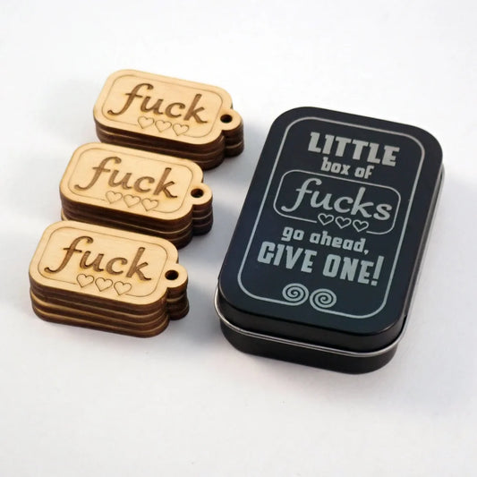 Wooden Novelty Tags "FUCK" - Tin Gift Boxes with Sharable Attitude!